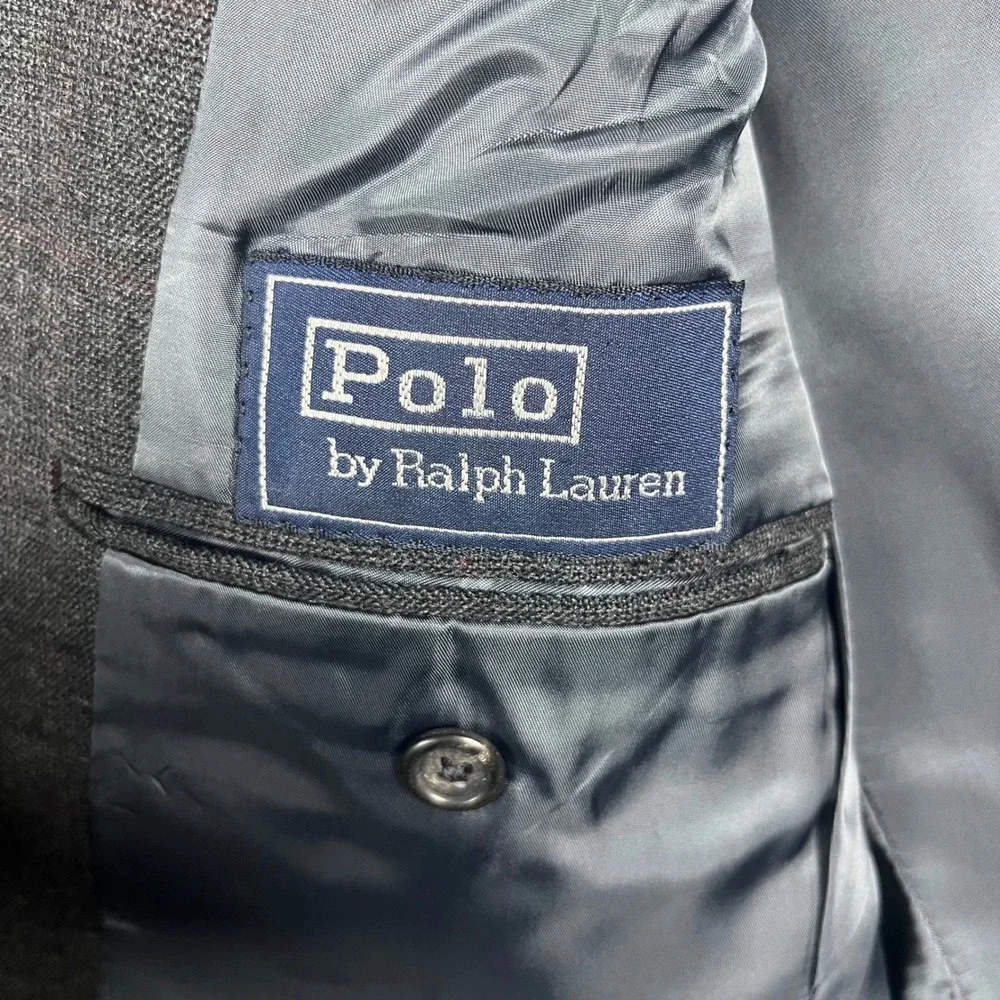 Polo Ralph Lauren Blazer Mens 42L Charcoal Gray‎ Wool Windowpane Sport Coat USA